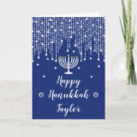 Blue and Silver String Lights Happy Hanukkah Holiday Card<br><div class="desc">This elegant and sophisticated Happy Hanukkah card can be personalized with a name or title, such as daughter, granddaughter, niece, friend etc. It features beautiful silver string fairy lights with diamond sparkles, a menorah candle and the Star of David. The text combines handwritten script and serif fonts for a stylish...</div>