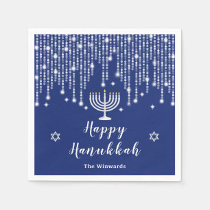 Blue and Silver String Lights Happy Hanukkah Napkin