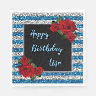 Blue And Silver Stripes Glitter Red Roses Birthday Napkin