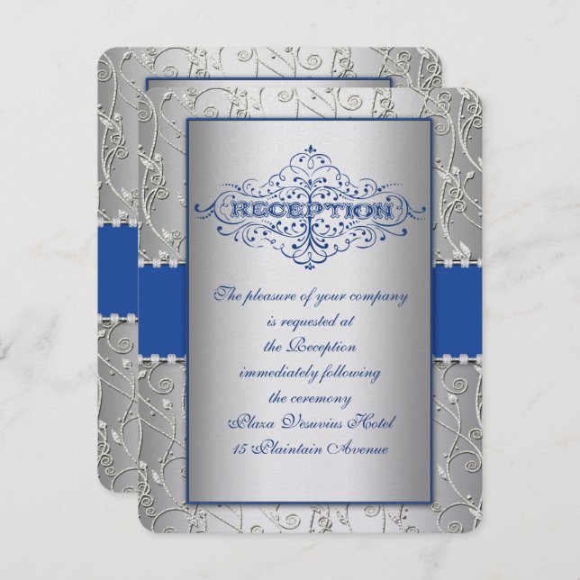 Blue and Silver Swirl Wedding Reception Card (Front/Back)