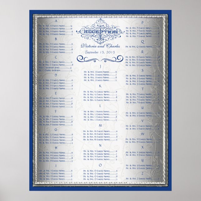 Blue and Silver Wedding Guest Seating Chart (Front)