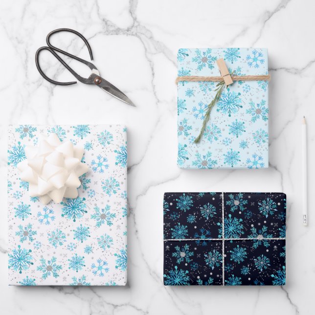 Blue and Silver Winter Snowflakes Pattern Wrapping Paper Sheet (Front)