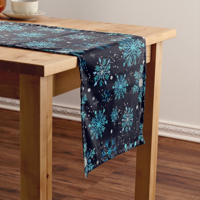 Blue and Silver Winter Snowflakes Short Table Runner (In Situ)