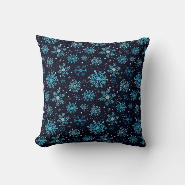 Blue and Silver Winter Snowflakes Throw Pillow (Front)