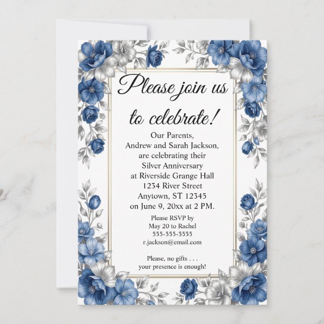 Blue and Silver with Frame 25th Anniversary Invitation (Front)