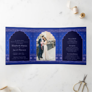 Blue and Sliver Bollywood Style Indian Wedding  Tri-Fold Invitation
