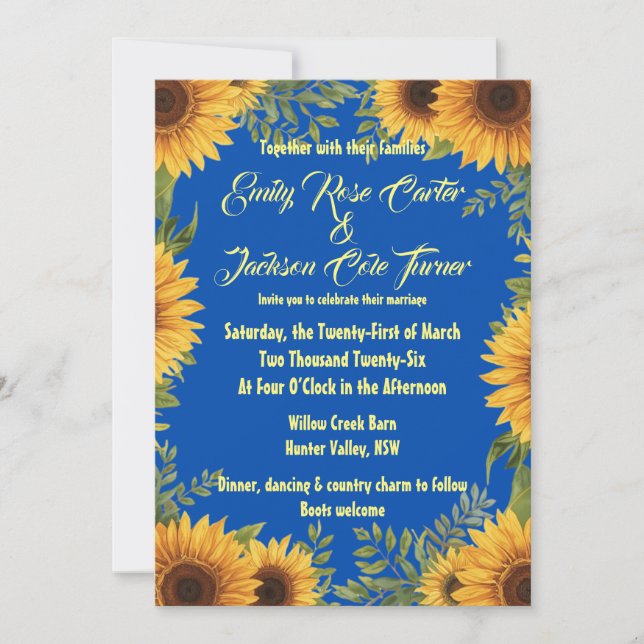 Blue and Sunflower Wedding Invitation (Devant)