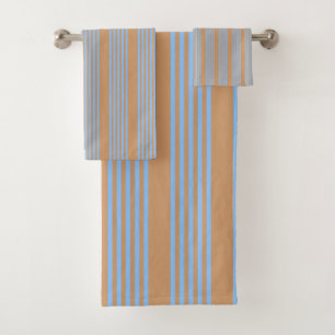 Blue and tan five stripe pattern bath towel set