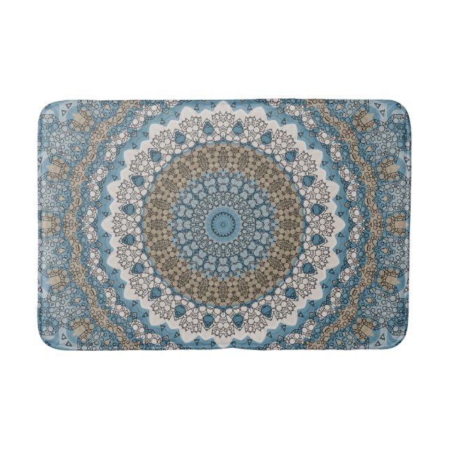 Blue and Tan Mandala Intricate Geometric Pattern Bath Mat (Front)