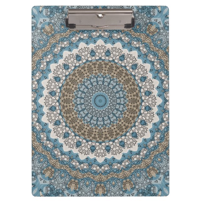 Blue and Tan Mandala Intricate Geometric Pattern Clipboard (Front)