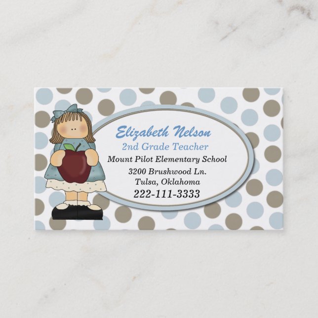 Blue and Tan Polka Dot Teacher's business card (Front)