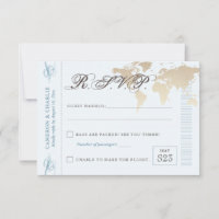 Blue and Tan RSVP World Map Boarding Pass Card