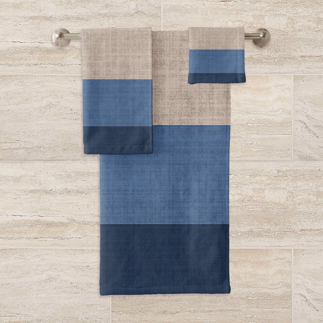 Blue and Tan Striped Crosshatch Pattern, Bath Towel Set (Creator Uploaded)
