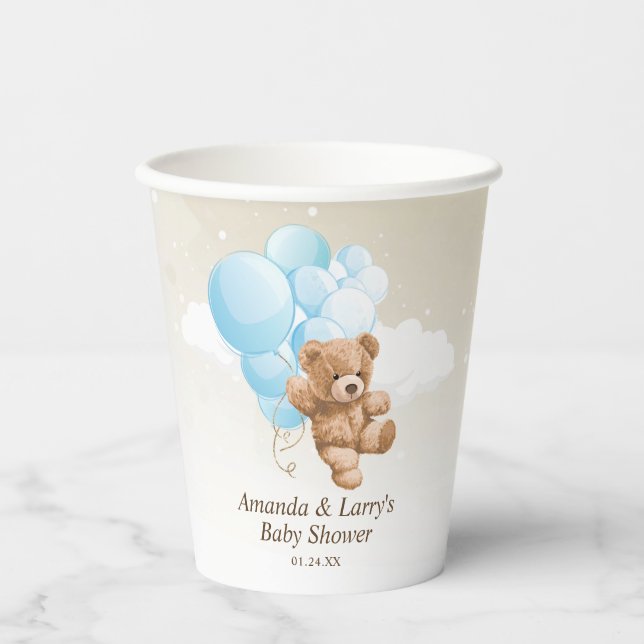 Blue and Tan Teddy Bear with Balloons Paper Cups (Front)