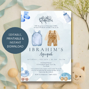 Blue and Tan Watercolor Baby Boy Aqeeqah inivite Invitation