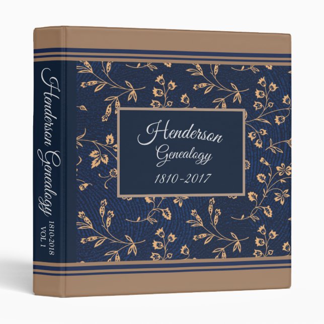 Blue And Taupe Floral Family Tree  Genealogy Album Binder (Front/Spine)
