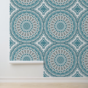 Blue and Taupe Mandala Pattern Design Wallpaper