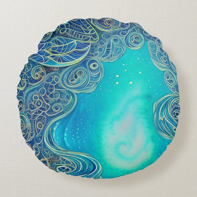 Blue and Teal Abstract Art Round Pillow (Front)