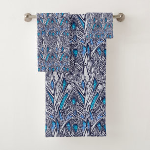 Blue and Teal Abstract Design  Bath Towel Set