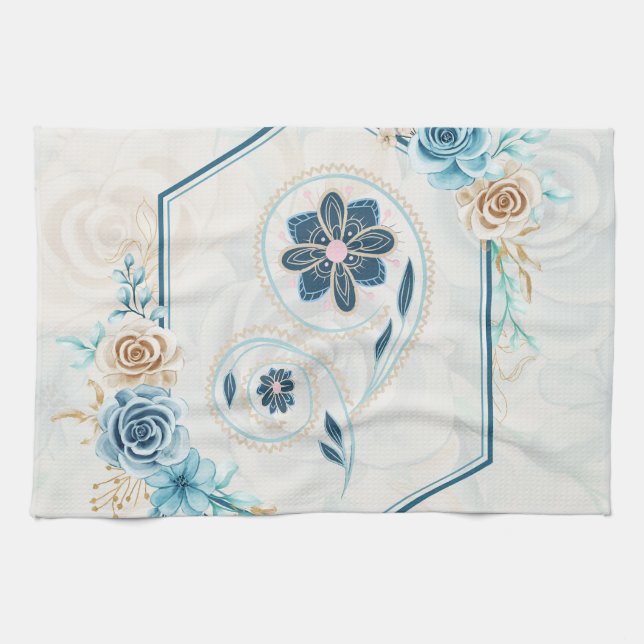 Blue and Teal Art, "Revitalizing Life", Floral Kitchen Towel (Horizontal)