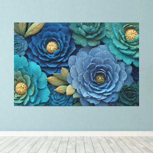Blue and Teal Blossoms with Yellow Centres Canvas Print