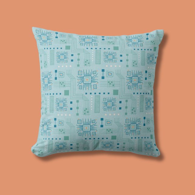 Blue and Teal Circuit Board Pattern Throw Pillow (Creator Uploaded)