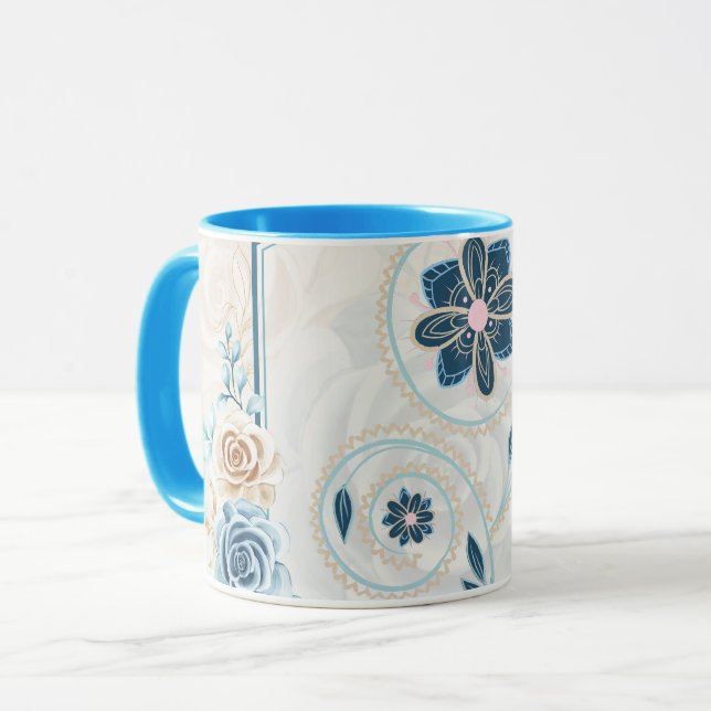 Blue and Teal Floral Graphic, "Revitalizing Life" Mug (Front Left)