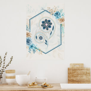 Blue and Teal Floral Graphic, "Revitalizing Life" Poster