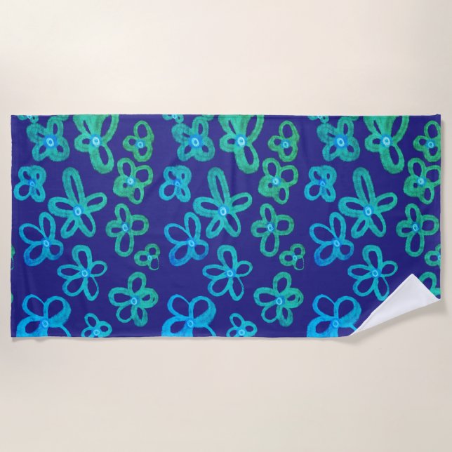 Blue and teal flowers beach towel (Front)