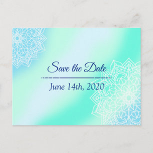 Blue and Teal Mandala Wedding Save the Date Postcard