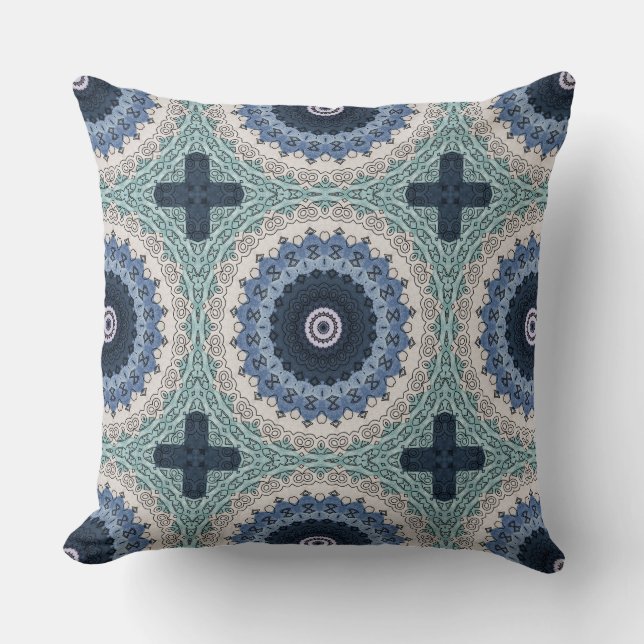 Blue and Teal Mandala with Geometric Symmetry Throw Pillow (Front)