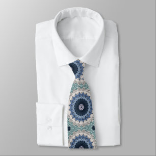 Blue and Teal Mandala with Geometric Symmetry Tie