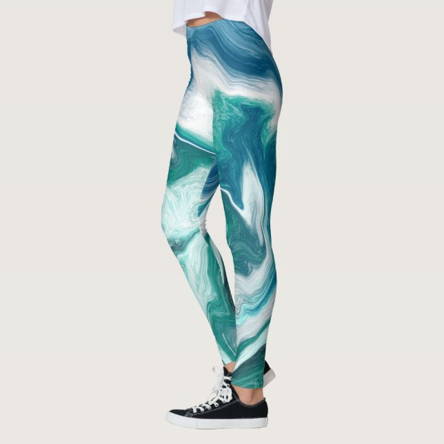 Blue and teal marble fluid Art Leggings (Left)
