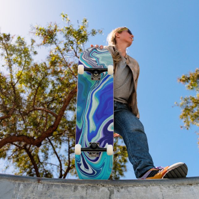 Blue and Teal Marble Waves  Skateboard (Outdoor 1)