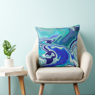 Blue and Teal Marble Waves Throw Pillow