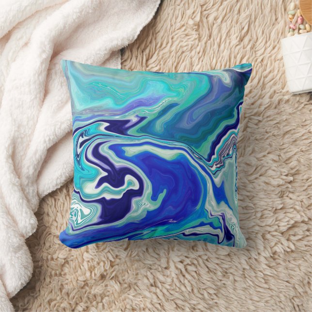 Blue and Teal Marble Waves Throw Pillow (Blanket)