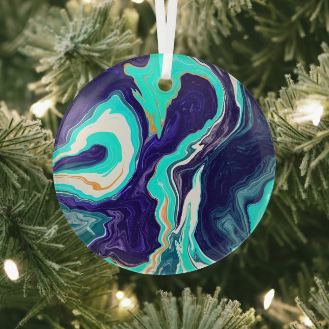Blue and Teal Ocean Swirls Fluid Art Glass Ornament (Insitu)