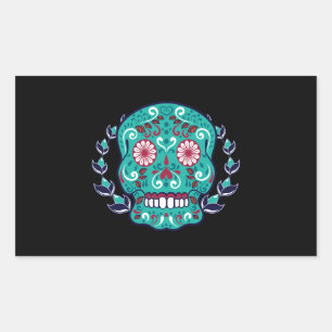 Blue and Teal Sugar Skull Laurel Leaf Sticker