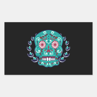 Blue and Teal Sugar Skull Laurel Leaf Sticker