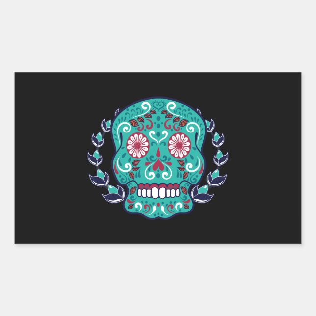 Blue and Teal Sugar Skull Laurel Leaf Sticker (Front)