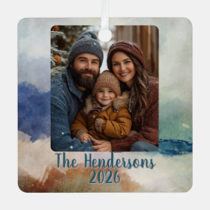 Blue and Terracota Watercolor Photo Holiday Metal Ornament