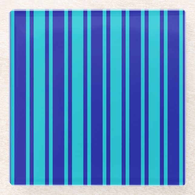 Blue and turquoise candy stripes glass coaster (Front)