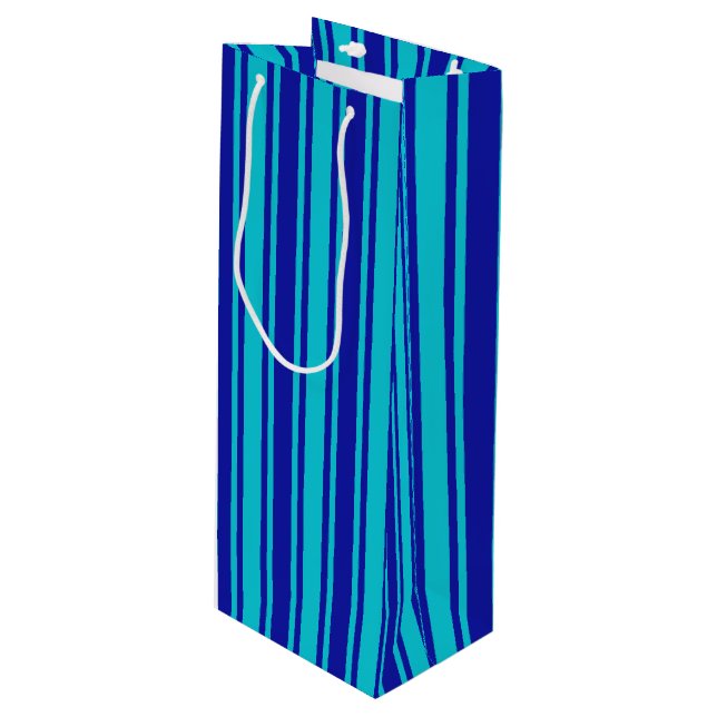 Blue and turquoise candy stripes wine gift bag (Front Angled)