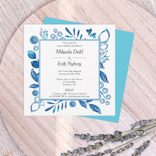 Blue and Turquoise Flowers Leaves Hearts Invitation