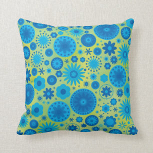 Blue and Turquoise Hippy Flower Pattern Throw Pillow