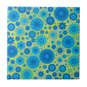 Blue and Turquoise Hippy Flower Pattern Tile