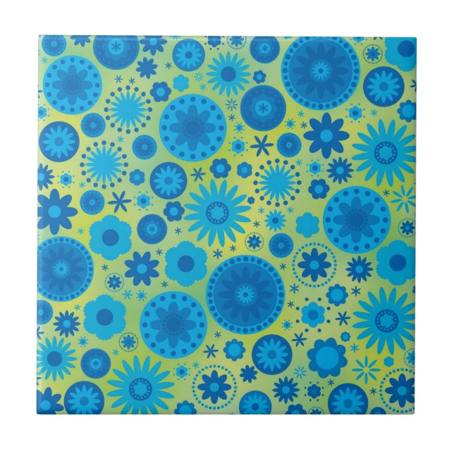 Blue and Turquoise Hippy Flower Pattern Tile (Front)
