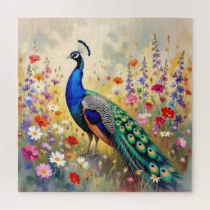Blue and Turquoise Peacock in Flowers Jigsaw Puzzle