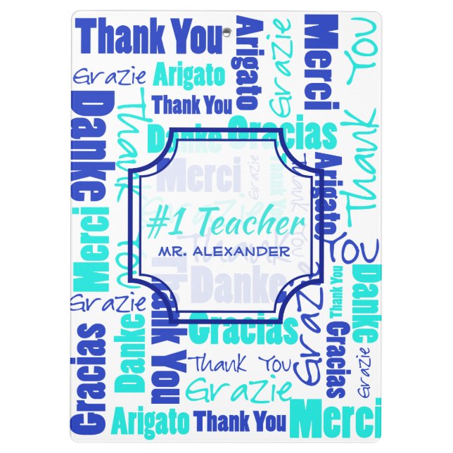 Blue and Turquoise "Thank You" Word Cloud Template Clipboard (Back)