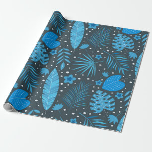 Blue and Turquoise Tropical Palm Monstera Leaves Wrapping Paper